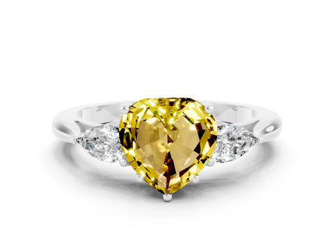 White gold Heart Cut Yellow Sapphire Three-Stone Ring with Pear Side Stones and Four-Prong Setting_12
