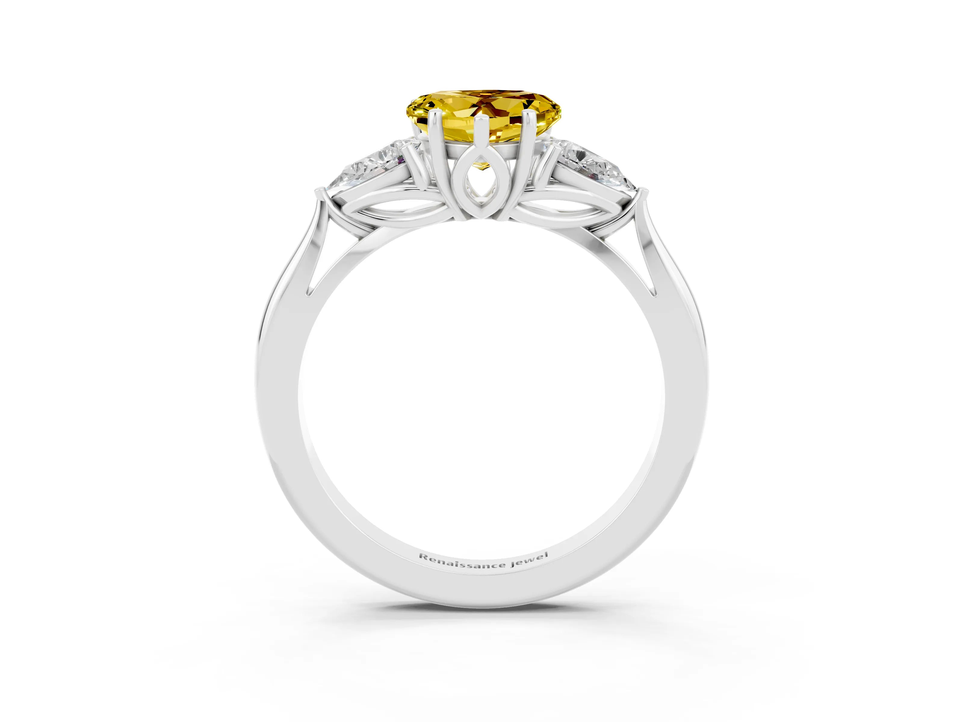 White gold Heart Cut Yellow Sapphire Three-Stone Ring with Pear Side Stones and Four-Prong Setting_15