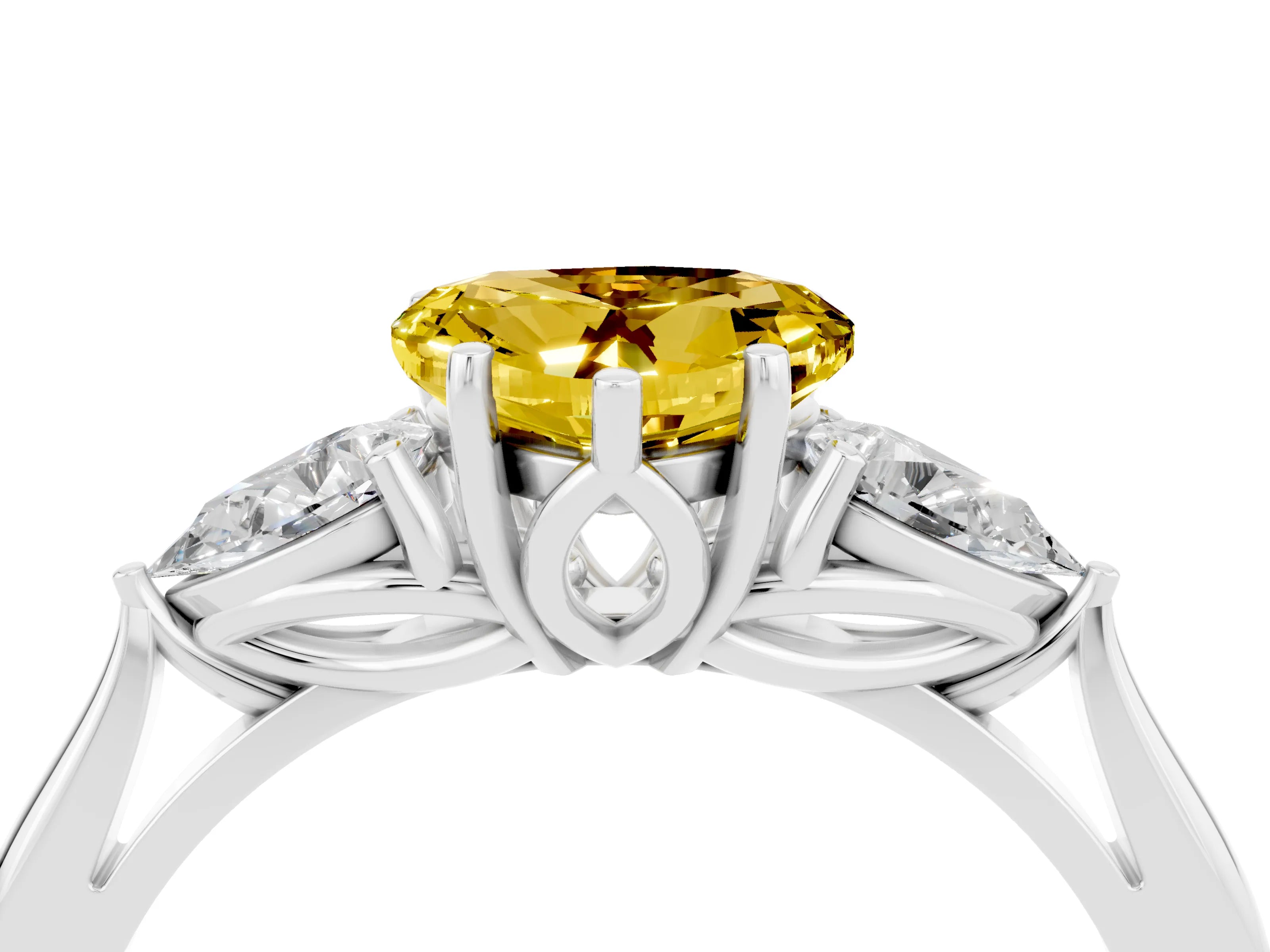 White gold Heart Cut Yellow Sapphire Three-Stone Ring with Pear Side Stones and Four-Prong Setting_16