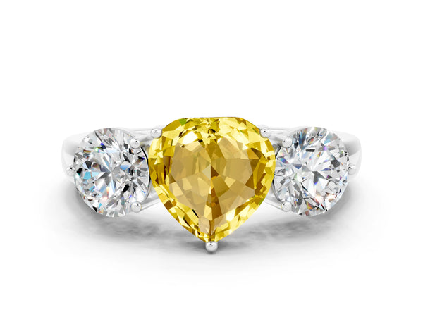 Platinum Heart Cut Yellow Sapphire Three-Stone Ring with Prong Setting and Classic Band
