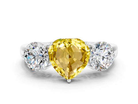 White gold Heart Cut Yellow Sapphire Three-Stone Ring with Prong Setting and Classic Band