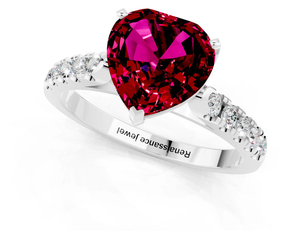 Platinum Heart Cut Garnet Pavé Band Solitaire Ring with Prong Setting