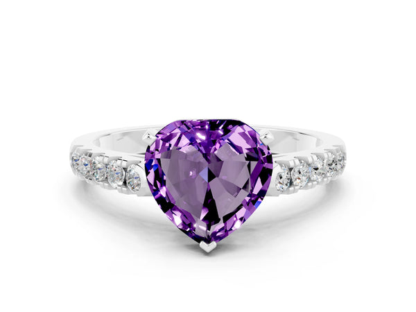 White gold Heart Cut Amethyst Pavé Band Solitaire Ring with Prong Setting