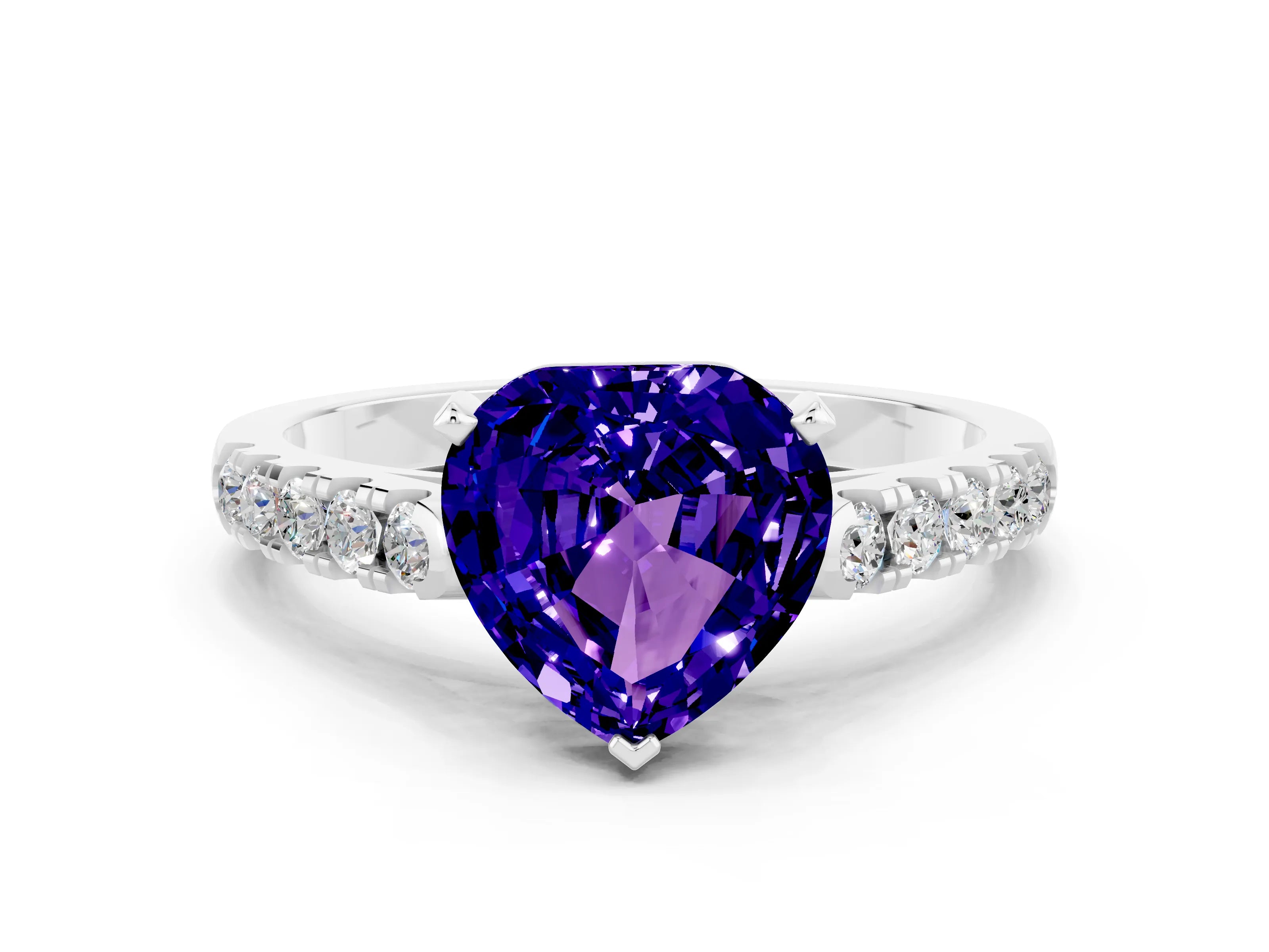 White gold Heart Cut {stone} Solitaire Ring with Pavé Band and Four Prong Setting_12