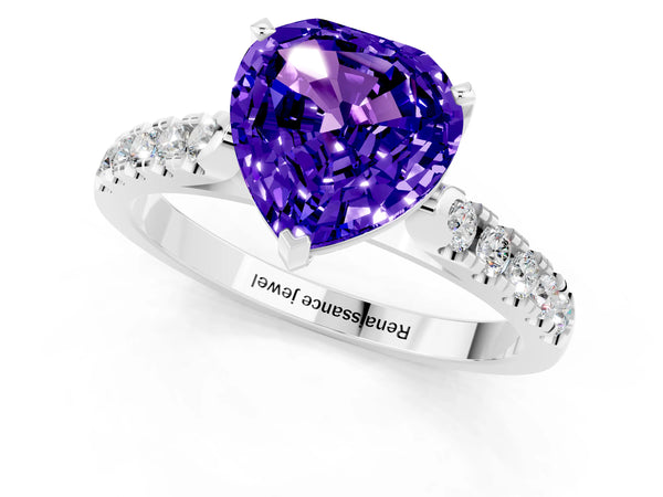 White gold Heart Cut Tanzanite Pavé Band Solitaire Ring with Prong Setting