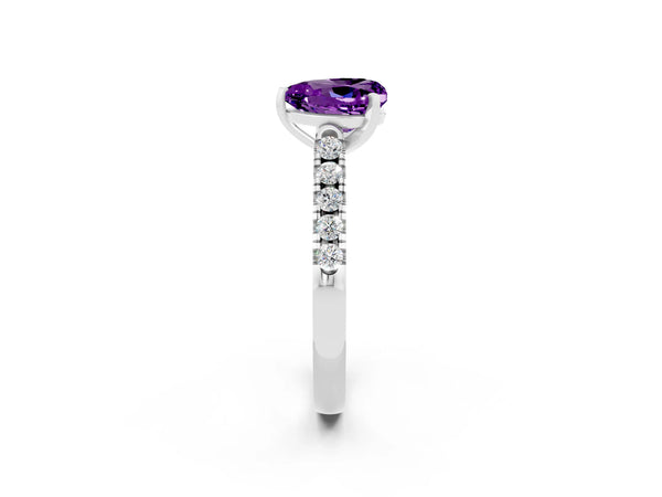White gold Heart Cut Amethyst Pavé Band Solitaire Ring with Prong Setting