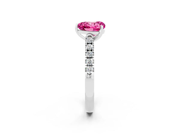White gold Heart Cut Pink Sapphire Pavé Band Solitaire Ring with Prong Setting