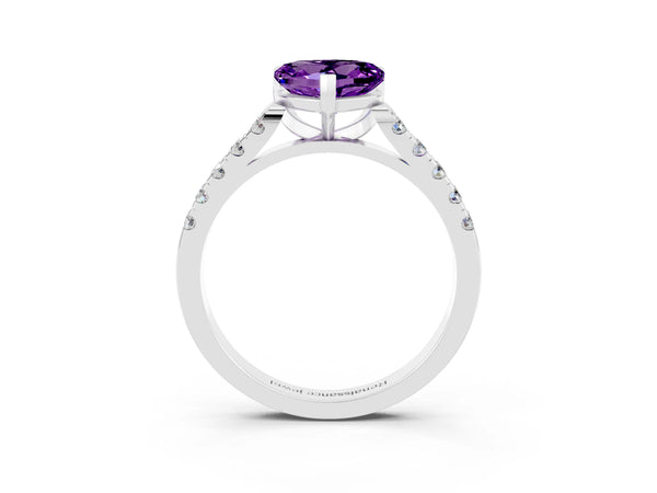 White gold Heart Cut Amethyst Pavé Band Solitaire Ring with Prong Setting