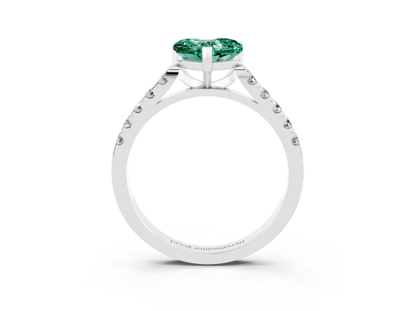 White gold Heart Cut Green Sapphire Pavé Band Solitaire Ring with Prong Setting