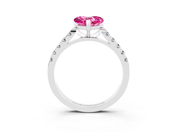 White gold Heart Cut Pink Sapphire Pavé Band Solitaire Ring with Prong Setting