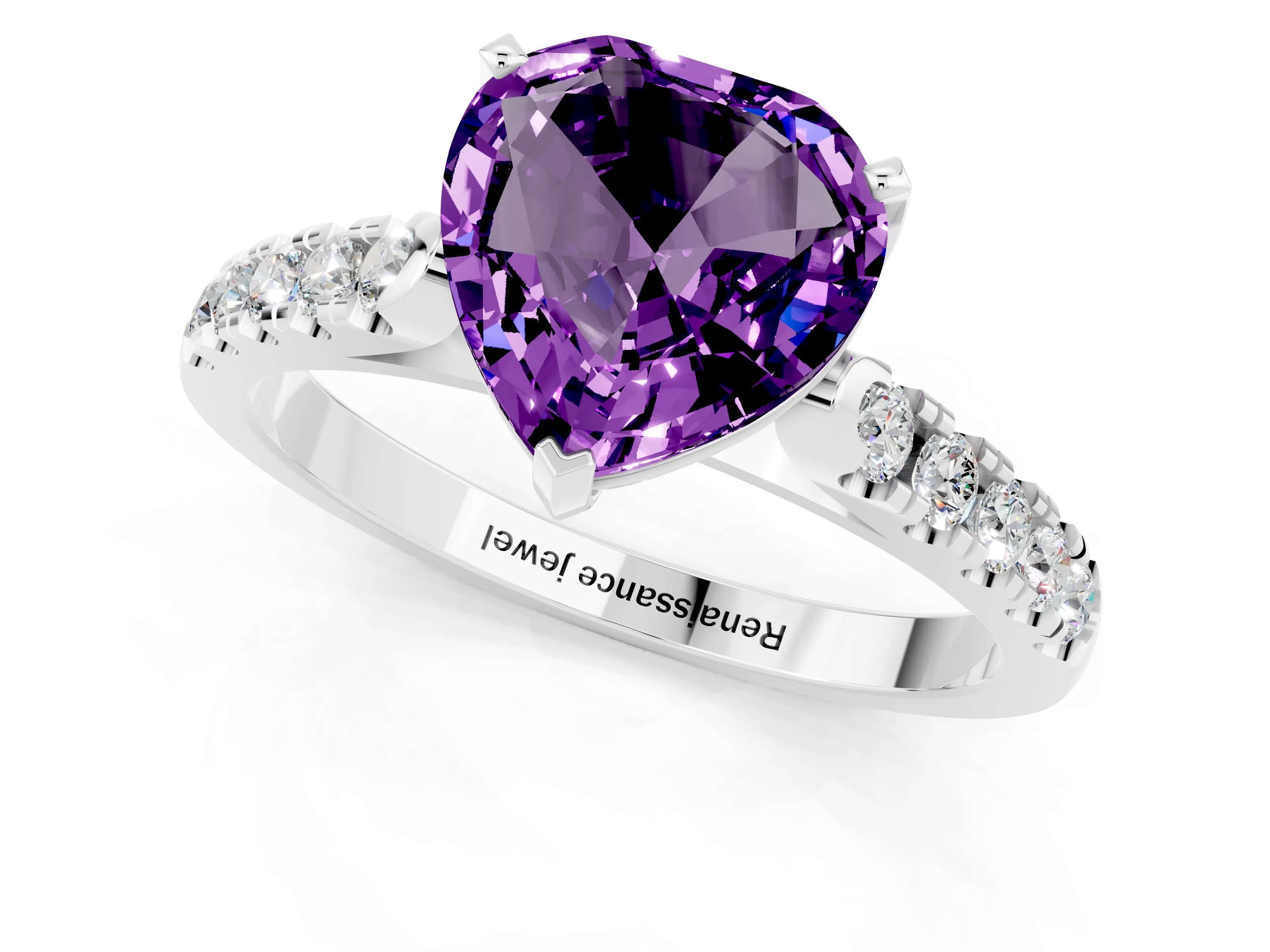 White gold Heart Cut {stone} Solitaire Ring with Pavé Band and Four Prong Setting_1