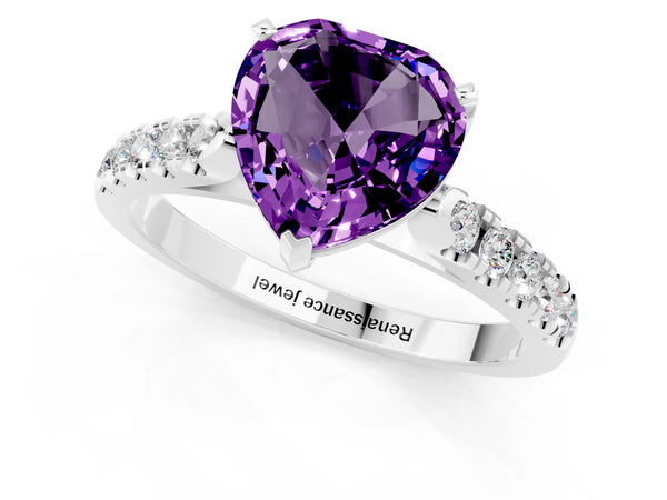 Silver Heart Cut Amethyst Pavé Band Solitaire Ring with Prong Setting