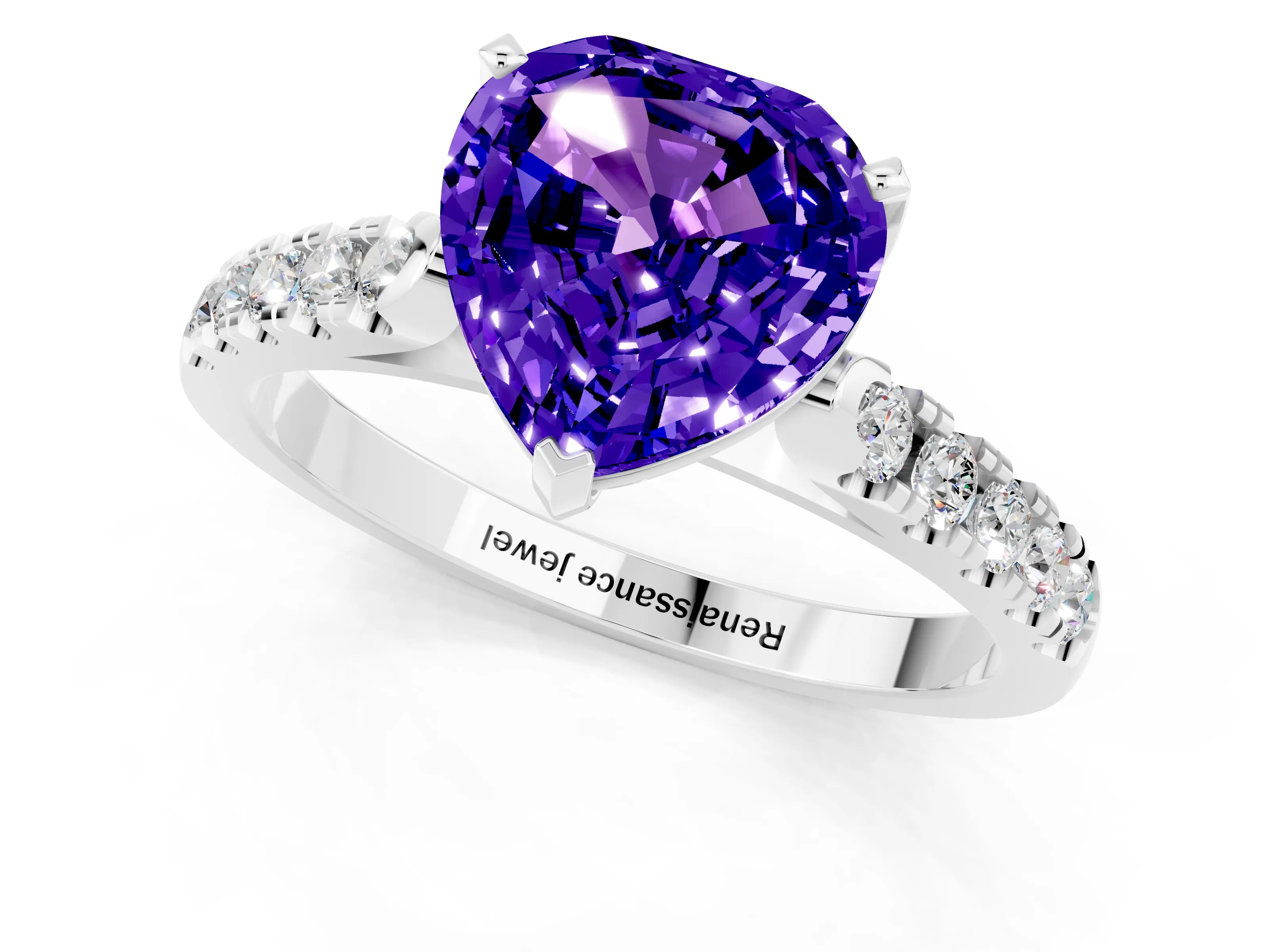 White gold Heart Cut {stone} Solitaire Ring with Pavé Band and Four Prong Setting_1