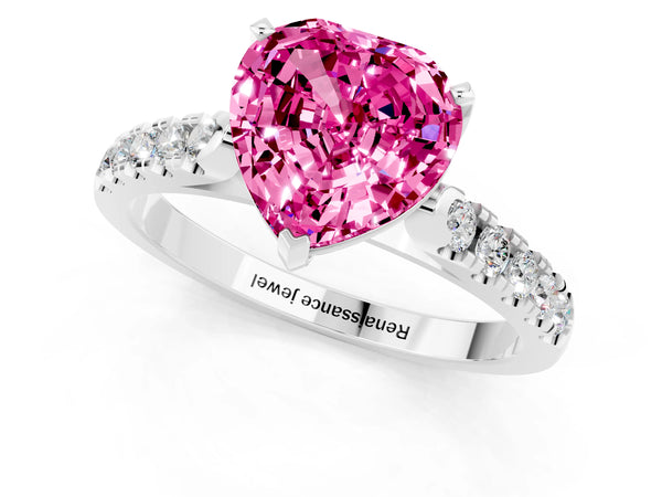 Silver Heart Cut Pink Sapphire Pavé Band Solitaire Ring with Prong Setting