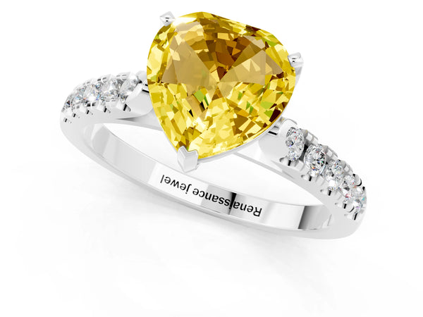 Silver Heart Cut Yellow Sapphire Pavé Band Solitaire Ring with Prong Setting