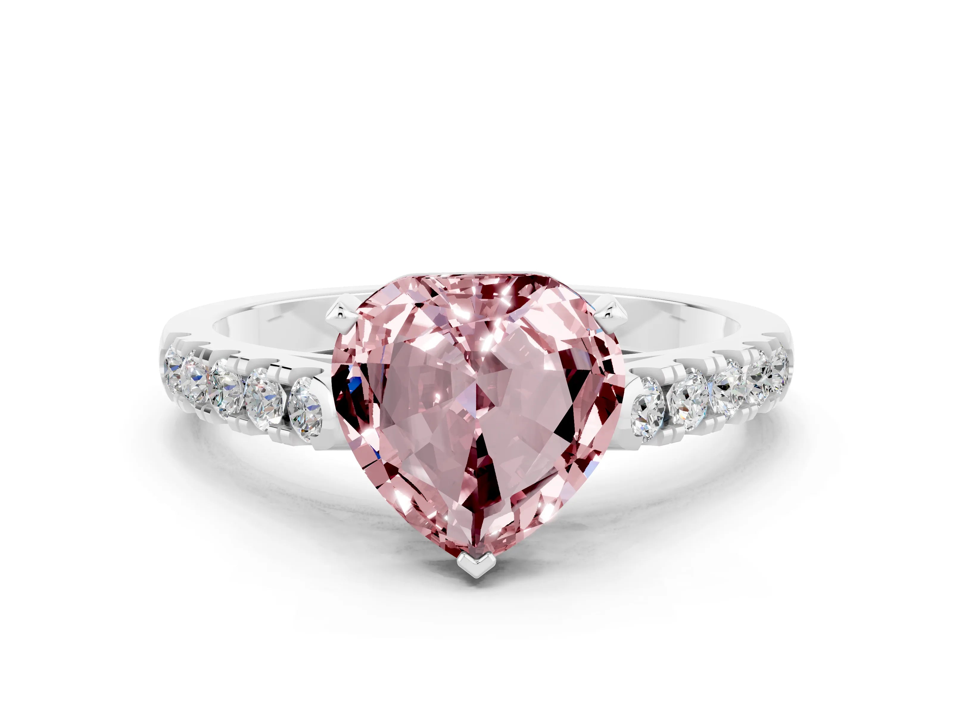 White gold Heart Cut {stone} Solitaire Ring with Pavé Band and Four Prong Setting