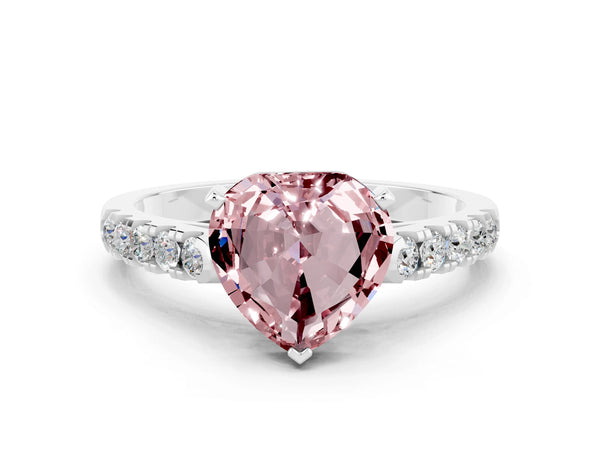 Platinum Heart Cut Morganite Pavé Band Solitaire Ring with Prong Setting