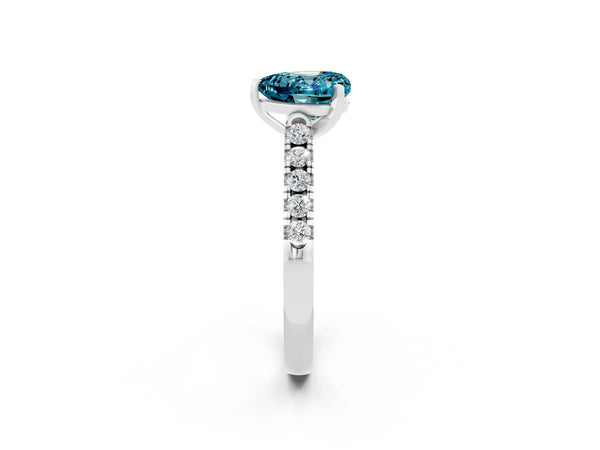 Silver Heart Cut Blue Topaz Pavé Band Solitaire Ring with Prong Setting
