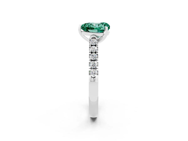 Platinum Heart Cut Green Sapphire Pavé Band Solitaire Ring with Prong Setting