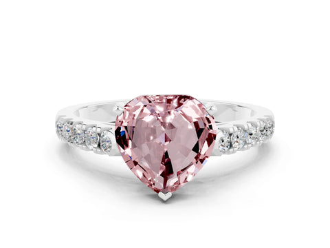 White gold Heart Cut {stone} Solitaire Ring with Pavé Band and Four Prong Setting
