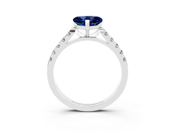 Platinum Heart Cut Blue Sapphire Pavé Band Solitaire Ring with Prong Setting