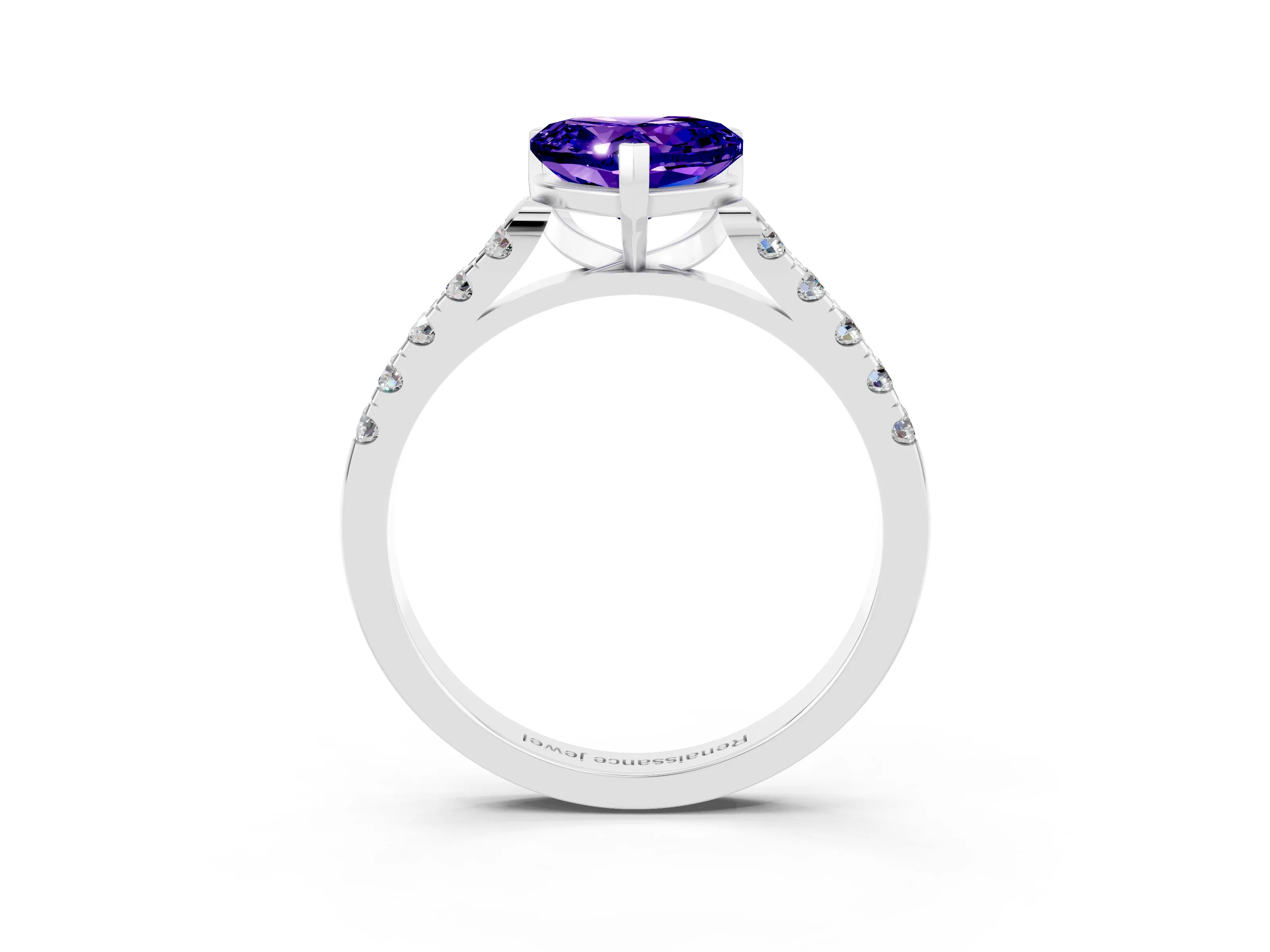 White gold Heart Cut {stone} Solitaire Ring with Pavé Band and Four Prong Setting_3