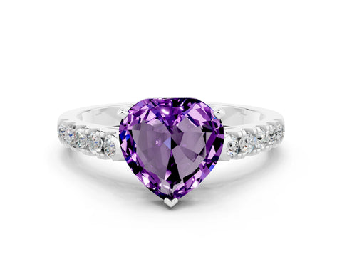 White gold Heart Cut {stone} Solitaire Ring with Pavé Band and Four Prong Setting