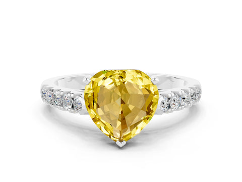 White gold Heart Cut {stone} Solitaire Ring with Pavé Band and Four Prong Setting