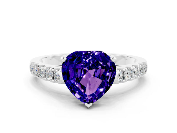 Silver Heart Cut Tanzanite Pavé Band Solitaire Ring with Prong Setting
