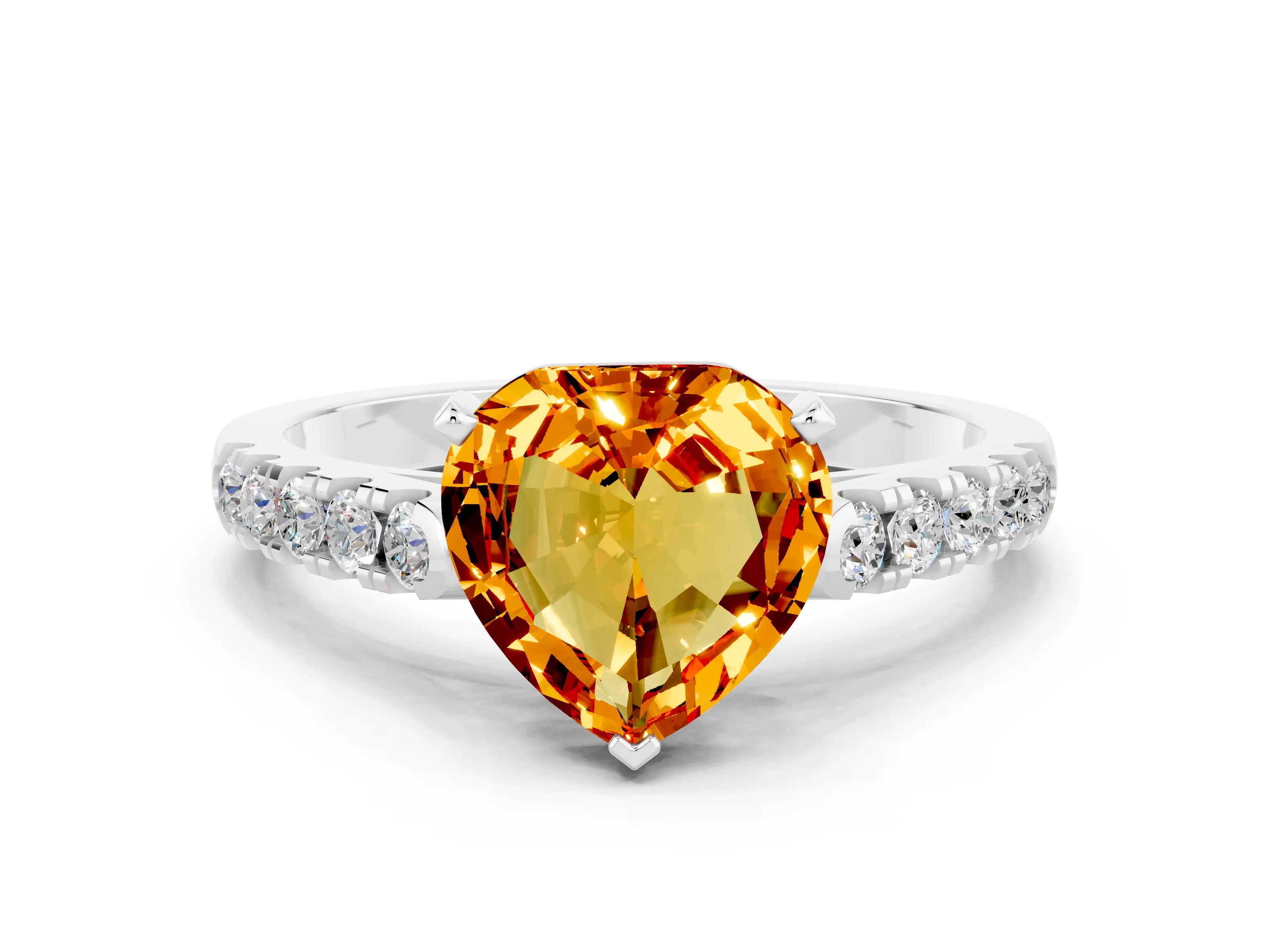 White gold Heart Cut {stone} Solitaire Ring with Pavé Band and Four Prong Setting