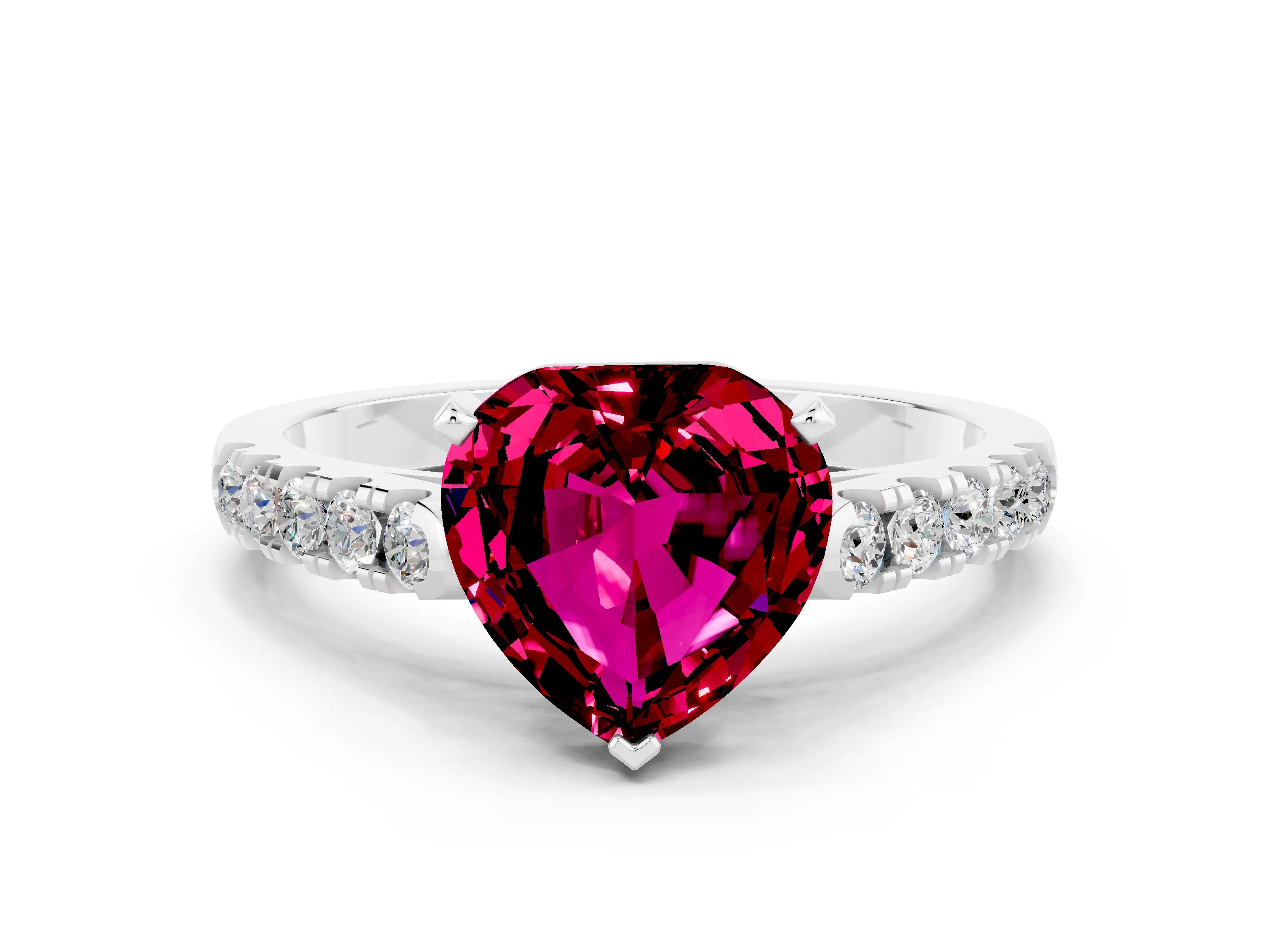 White gold Heart Cut {stone} Solitaire Ring with Pavé Band and Four Prong Setting