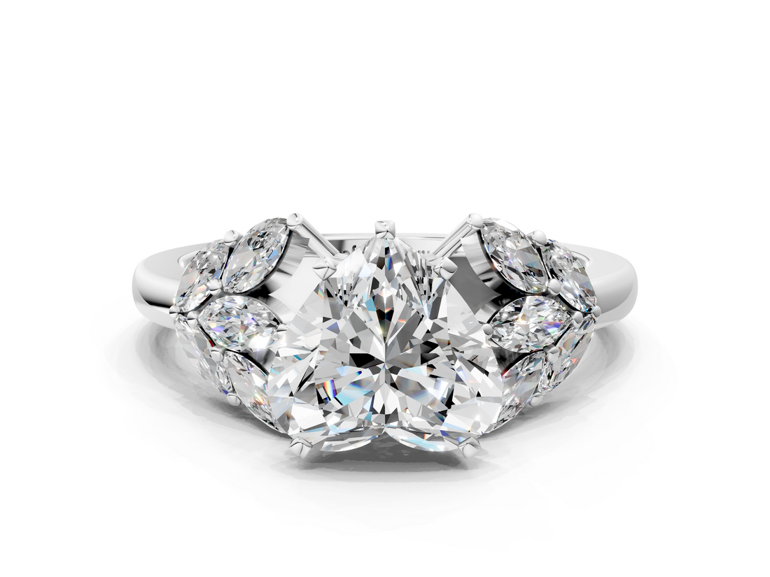 White gold Heart Diamond Cluster Leaf Design Ring with Prong Setting_65