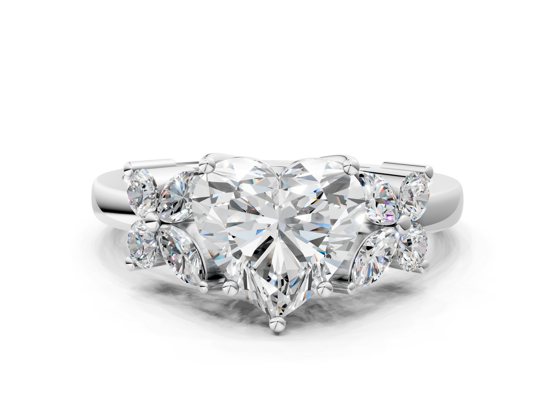 White gold Heart Diamond Floral Cluster Ring with Solitaire Band and Prong Setting_86
