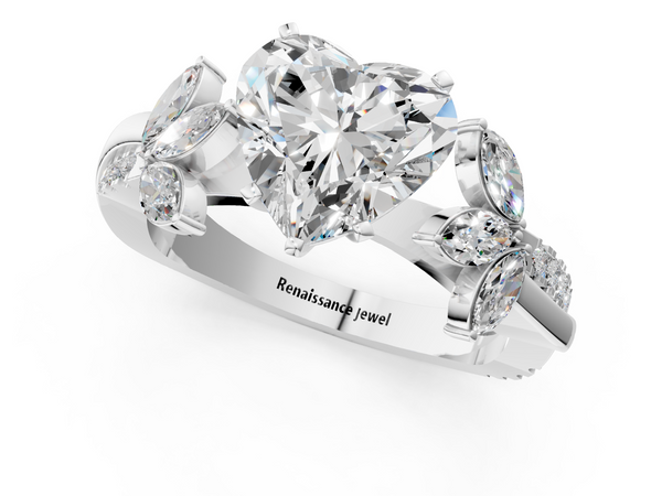 White gold Heart Diamond Floral Vine Solitaire Engagement Ring