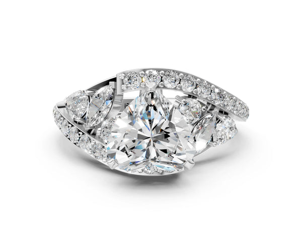 White Gold Heart-Shaped Bypass Engagement Ring Setting with Marquise and Pear Side Stones and Pave