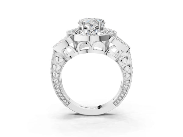 White Gold Heart-Shaped Vintage Halo Engagement Ring Setting with Milgrain Leaf Panels