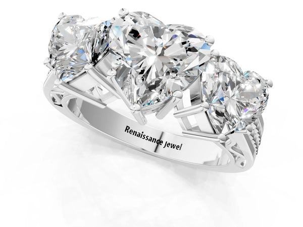 Platinum Heart-Shaped Three-Stone Engagement Ring Setting with Beaded Shoulders and Scroll Gallery