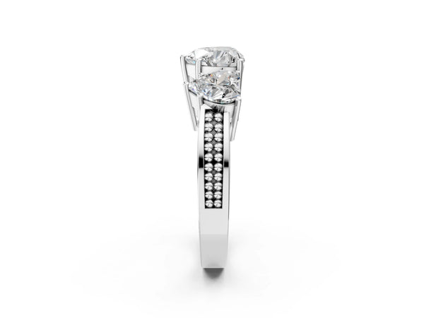 Platinum Heart-Shaped Three-Stone Engagement Ring Setting with Beaded Shoulders and Scroll Gallery