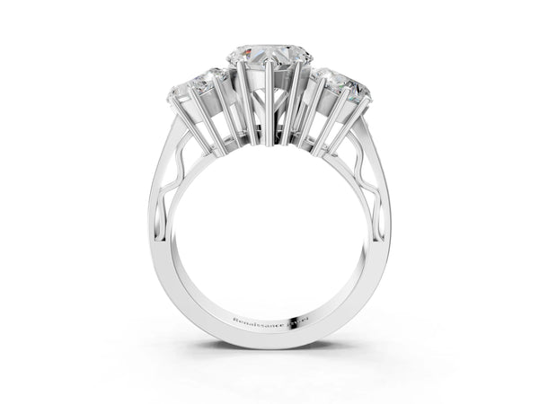 White Gold Heart-Shaped Three-Stone Engagement Ring Setting with Beaded Shoulders and Scroll Gallery