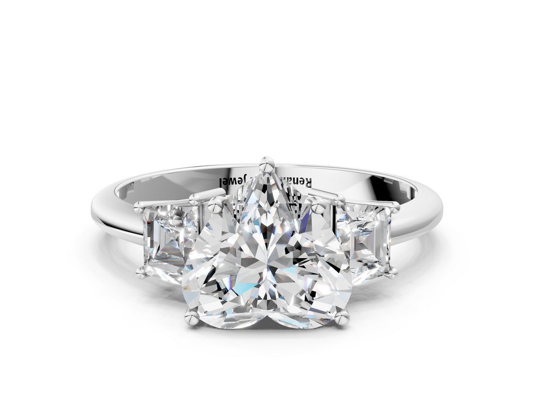 White gold Heart Diamond Three-Stone Ring with Trapezoid Side Stones and Prong Setting_23