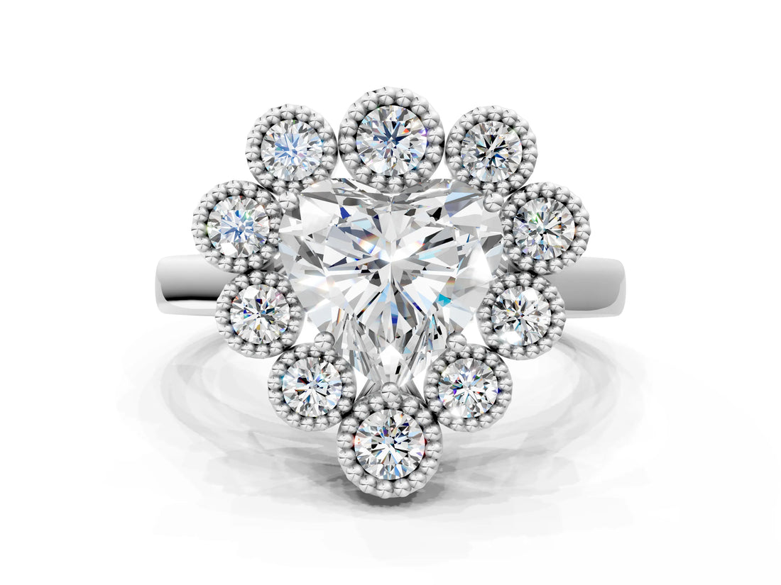 White gold Heart Halo Diamond Cluster Engagement Ring with Milgrain Bezel Setting and Solitaire Band_57