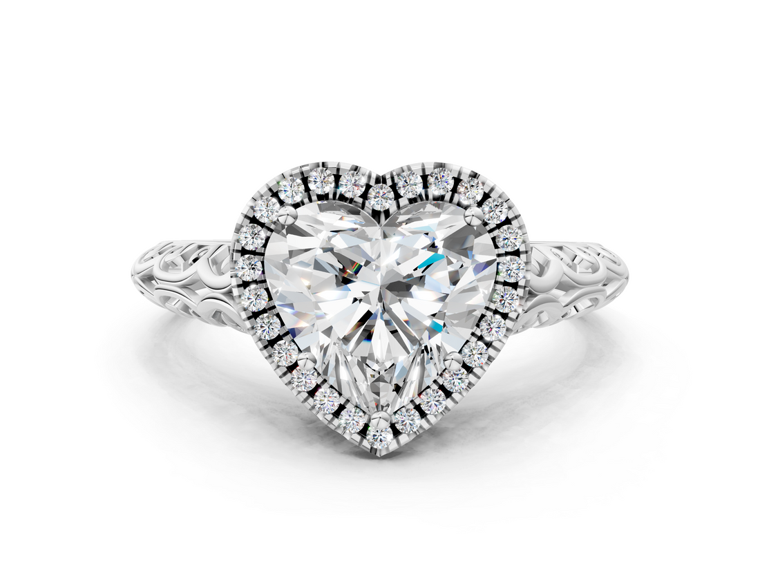White gold Heart Halo Diamond Engagement Ring with Intricate Filigree Band and Four-Prong Setting_36