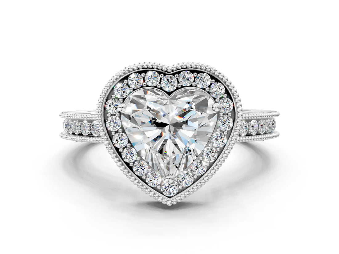 White gold Heart Halo Diamond Engagement Ring with Milgrain Pave Band and Four-Prong Setting_57