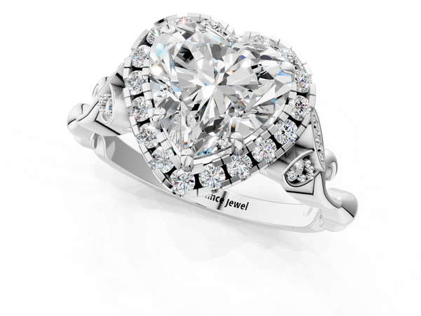 White gold Heart Halo Diamond Engagement Ring with Vintage-Inspired Band and Four-Prong Setting