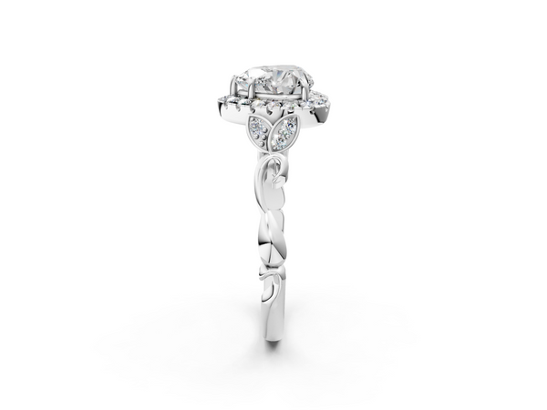White gold Heart Halo Diamond Engagement Ring with Vintage-Inspired Band and Four-Prong Setting