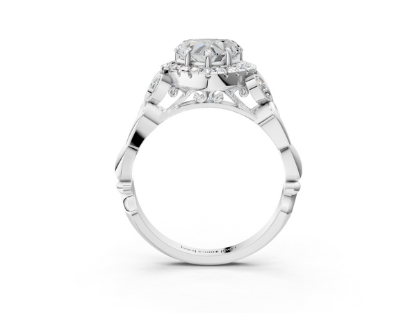 White gold Heart Halo Diamond Engagement Ring with Vintage-Inspired Band and Four-Prong Setting