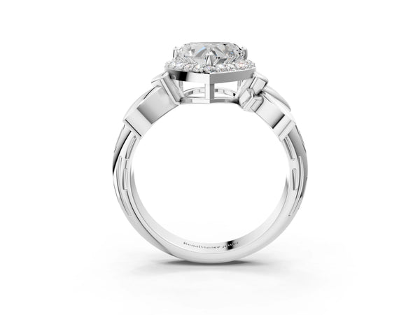 Platinum Heart-Shaped Halo Engagement Ring Setting with Floral Leaf Shoulders