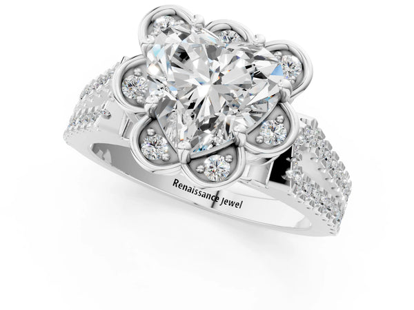 White gold Heart Halo Diamond Floral Split Shank Engagement Ring