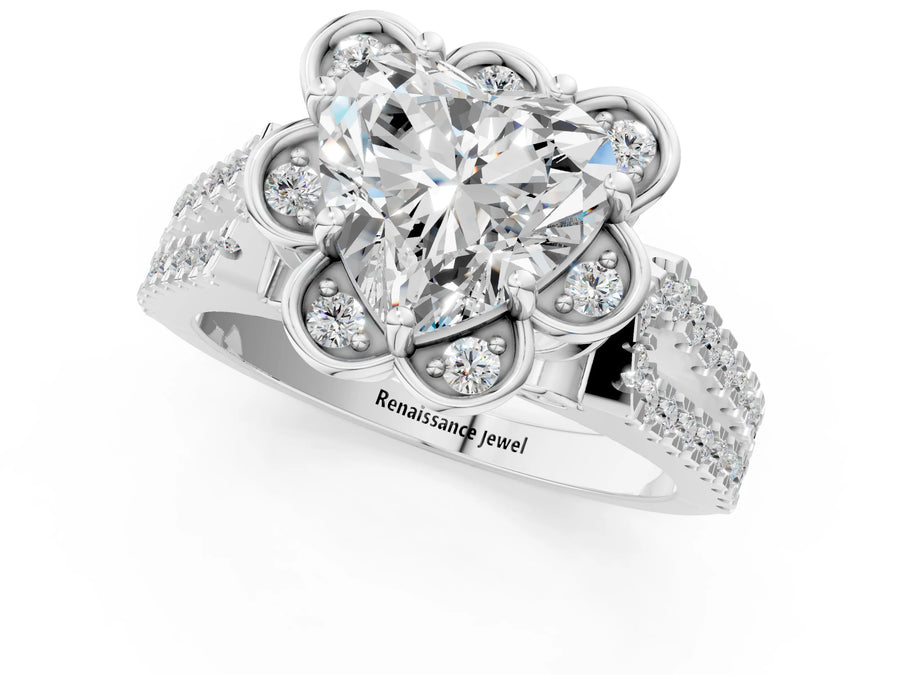 White gold Heart Halo Diamond Floral Split Shank Engagement Ring