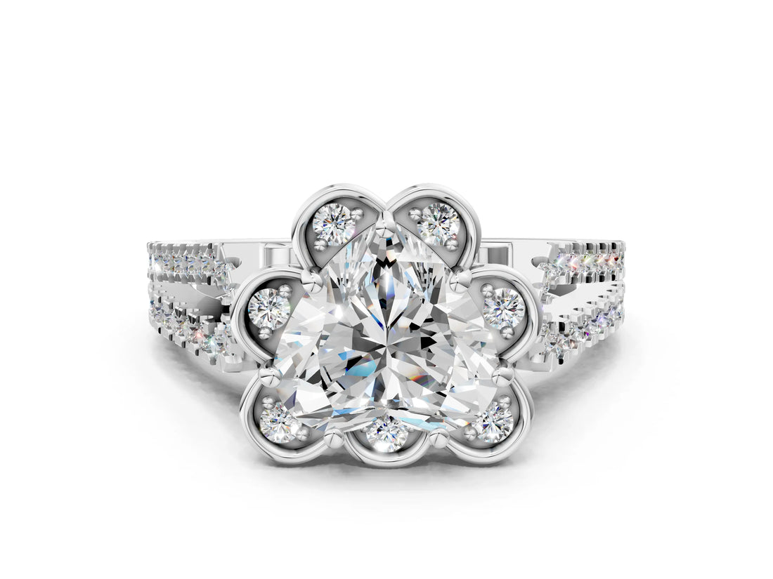 White gold Heart Halo Diamond Floral Split Shank Engagement Ring